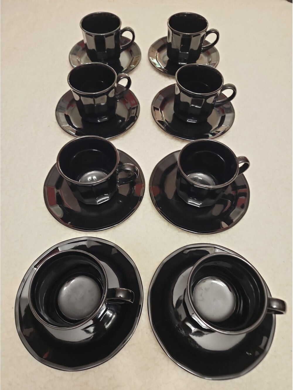 Set of 8 Cups Vintage Stoneware Black Japan